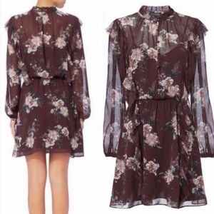Intermix Madeline 100% silk burgundy floral long sleeve ruffle dress with lining